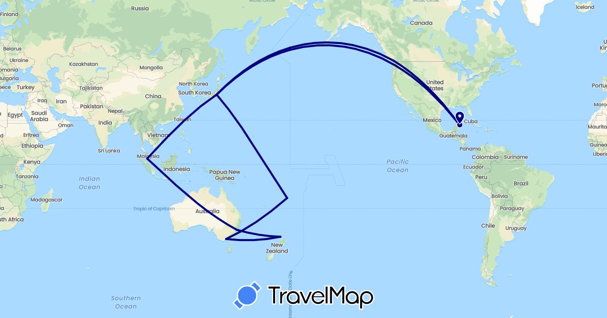 TravelMap itinerary: driving in Australia, Canada, Fiji, Japan, Mexico, Malaysia, New Zealand, United States (Asia, North America, Oceania)